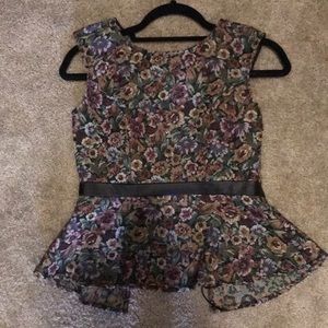 BCBG peplum floral top w/ leather trim & zip back